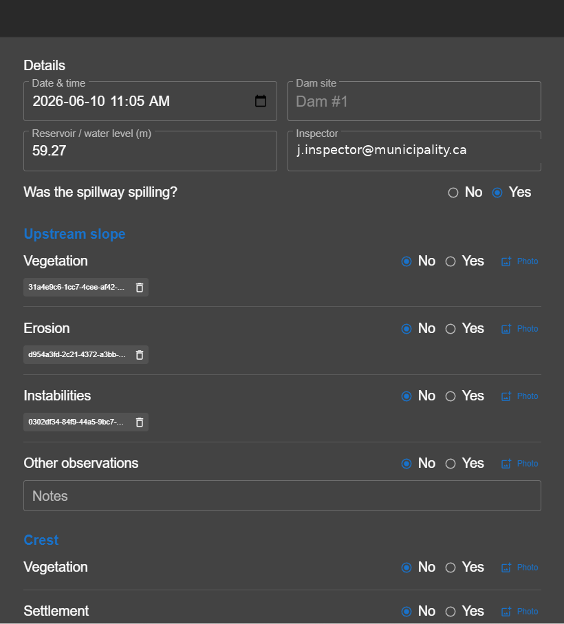 Inspection checklist form on a mobile device