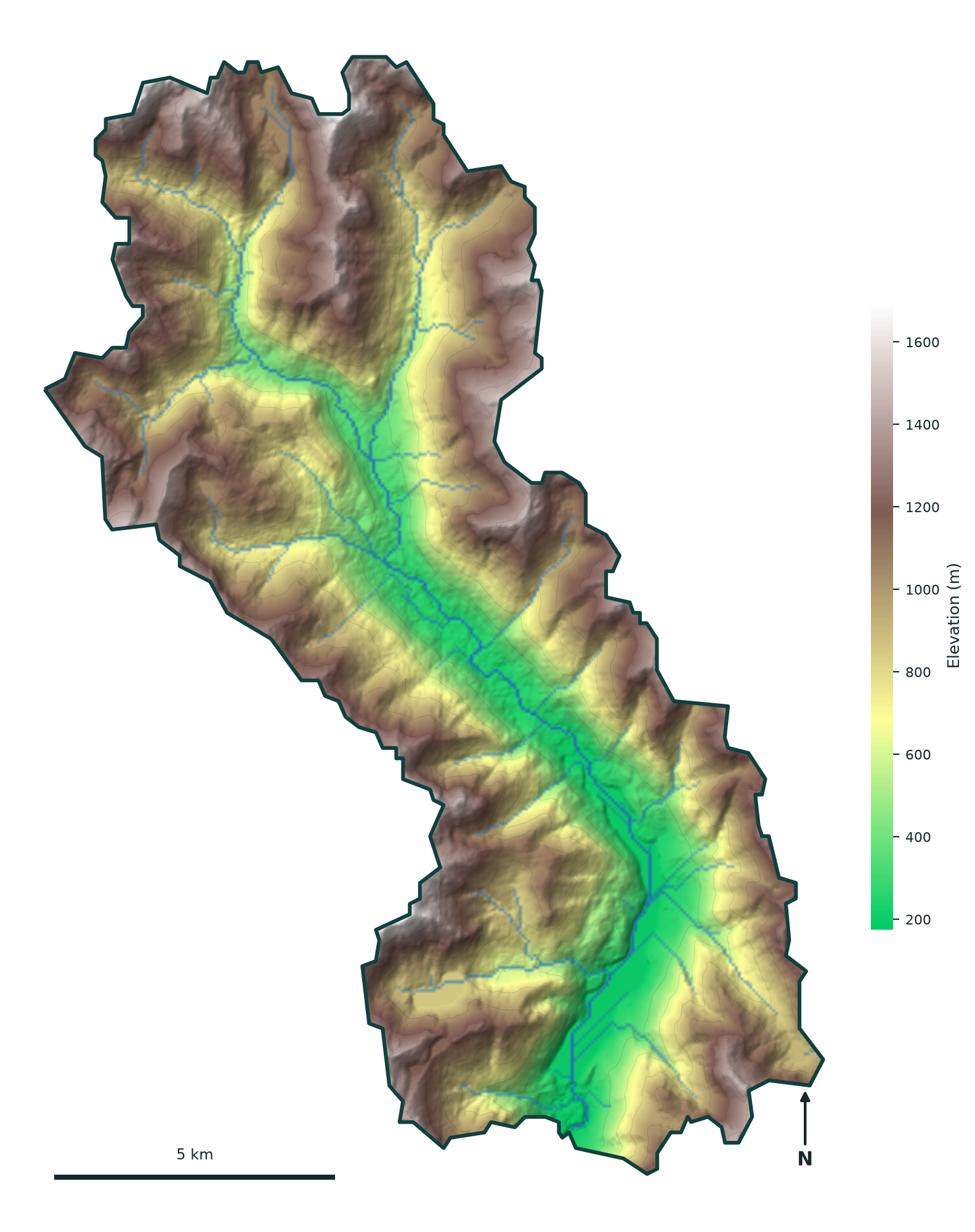 Hydrological model of the watershed showing elevation, terrain relief, and the derived stream network
